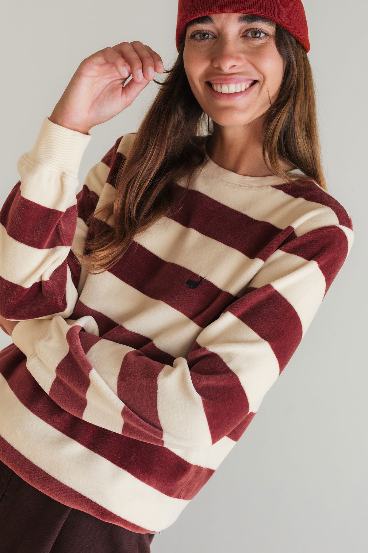 Organic cotton striped top in burnt berry