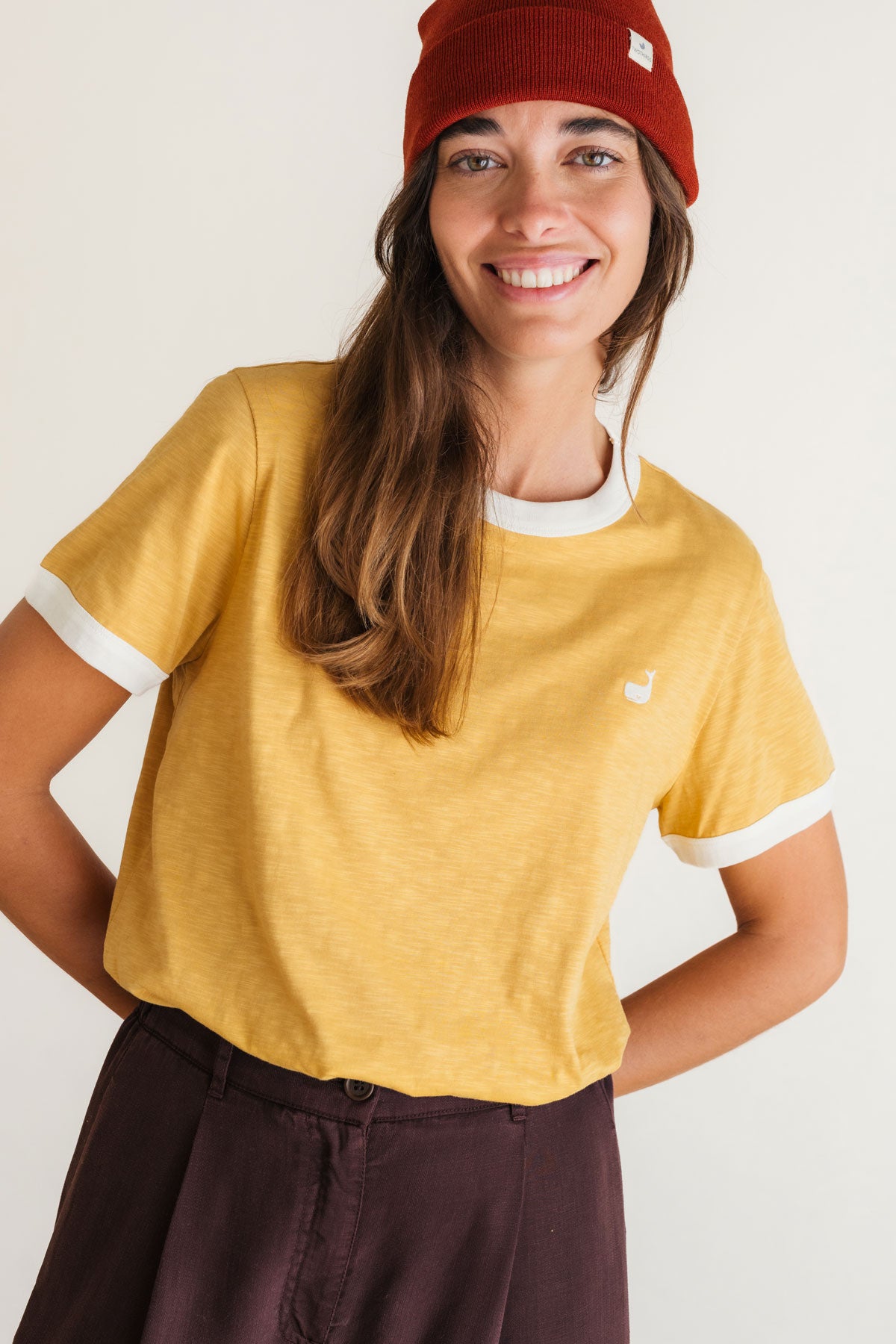 Mustard T-shirt with white neckline