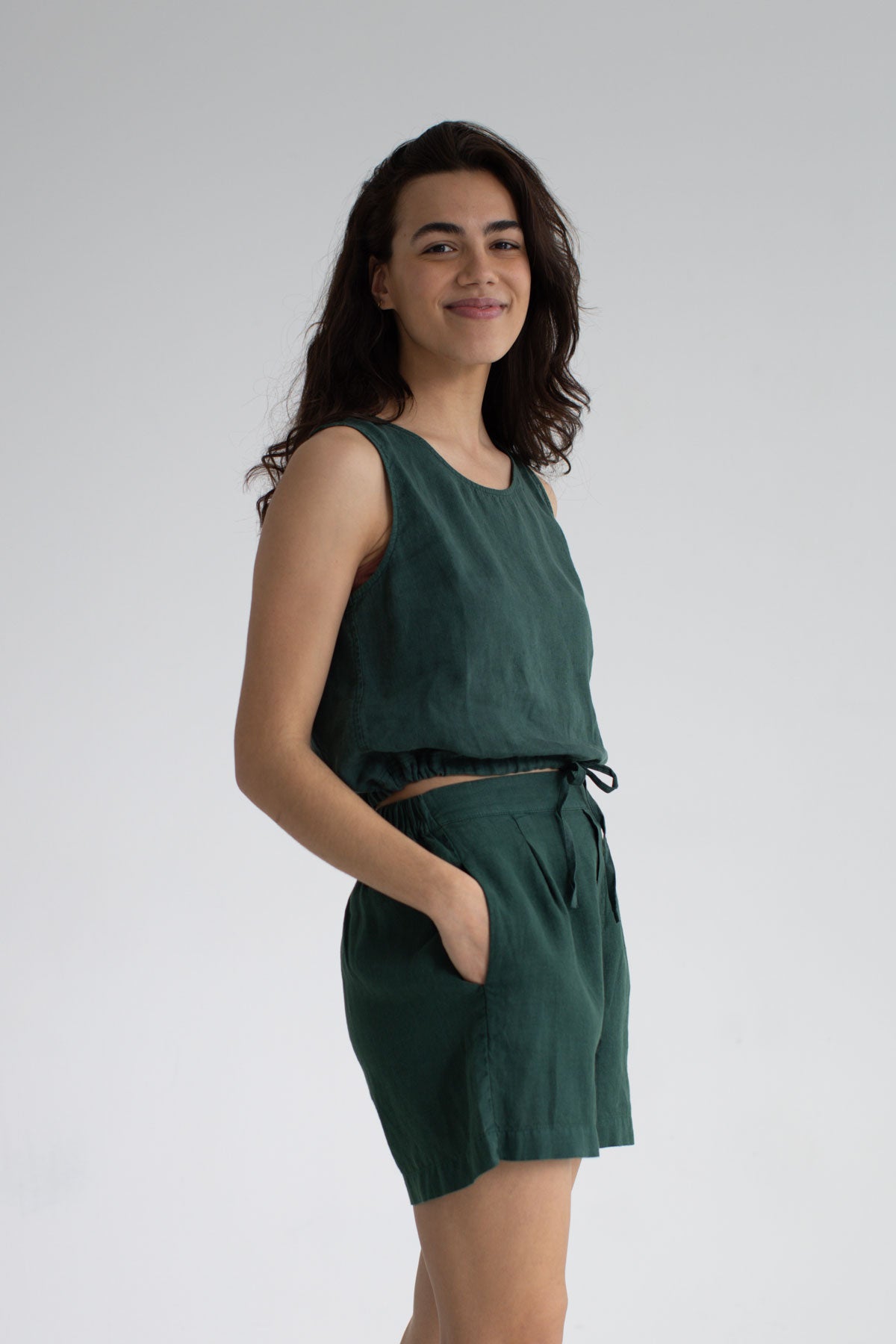 Garden green linen shorts women green top wear view side