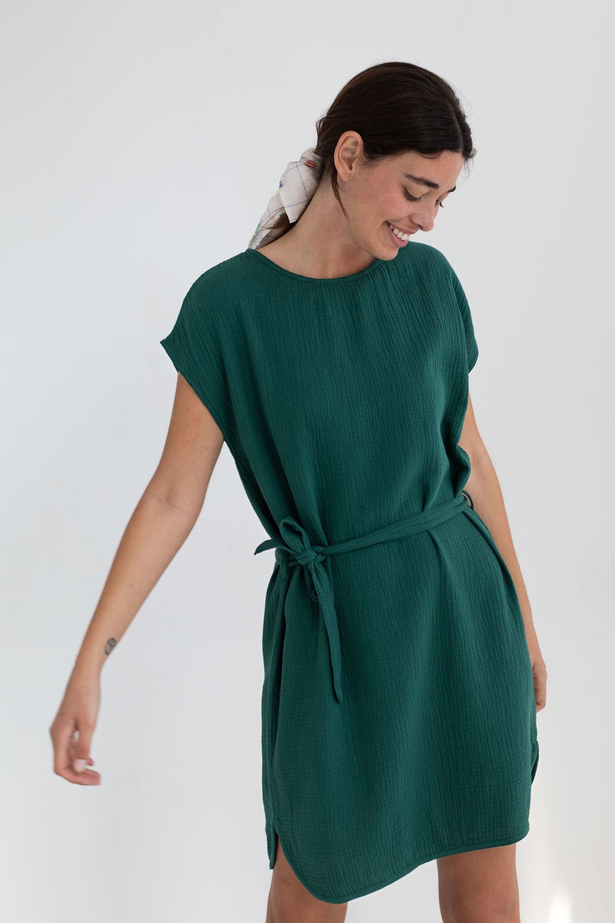 Dark green muslin dress wear view front