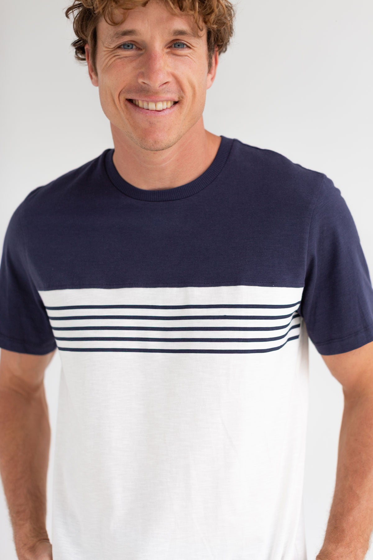 Navy round neck tshirt men blue pants wear view front