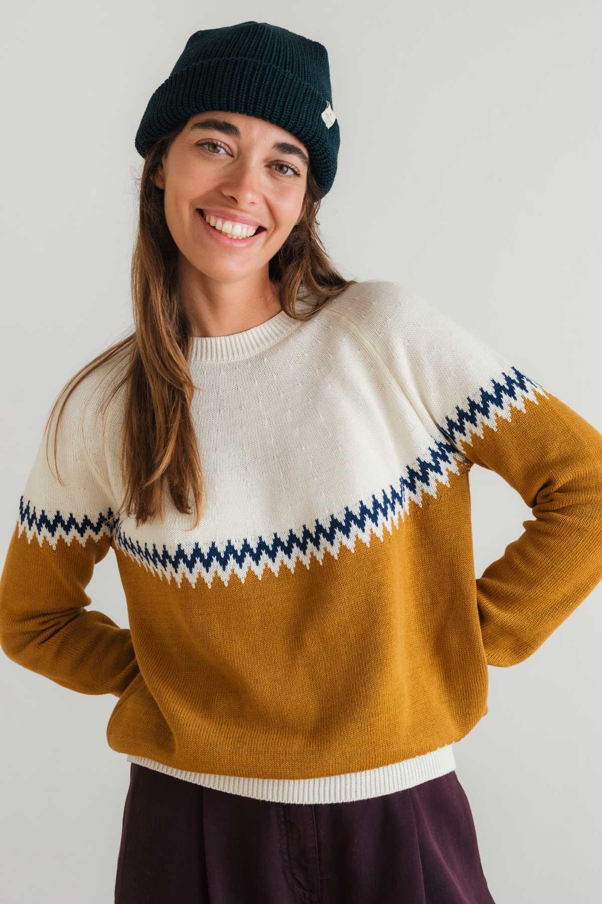 Color-block sweater crafted from recycled wool