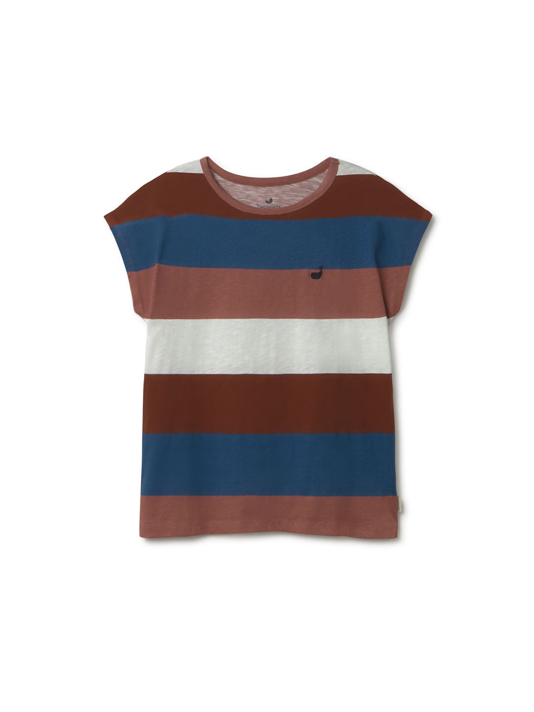 Striped t-shirt with brown, blue, and white colors