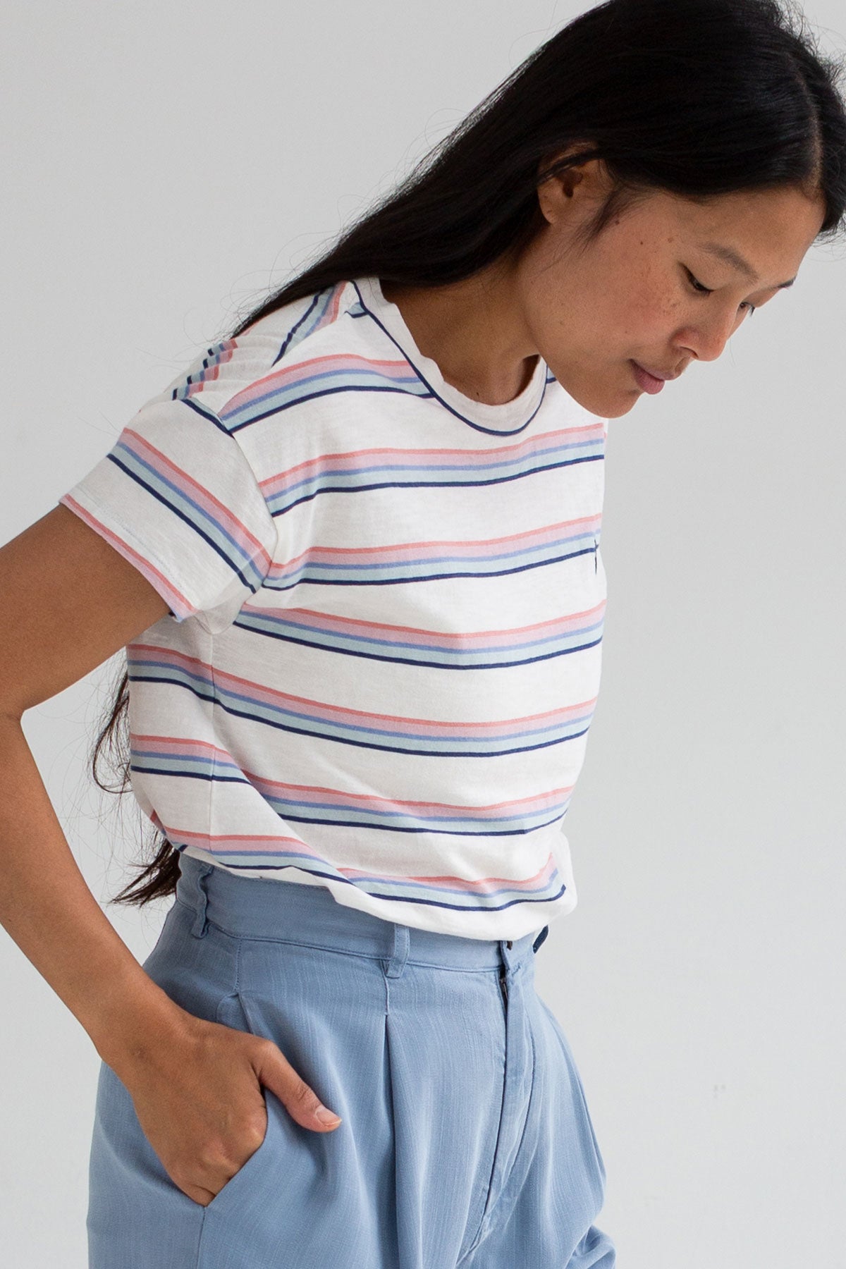 Multicolour stripes organic cotton top women light blue pants wear view side