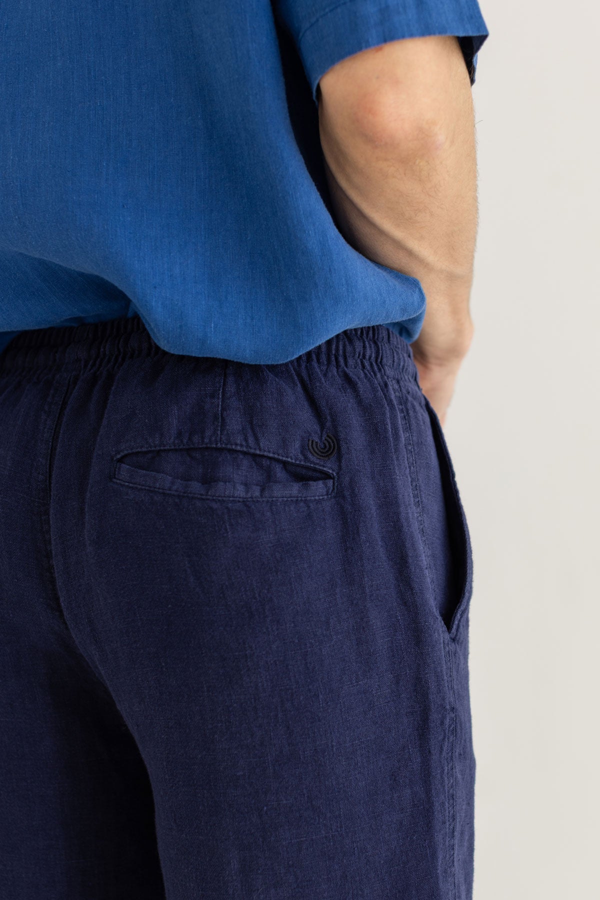 Navy blue heavy linen shorts men detail back