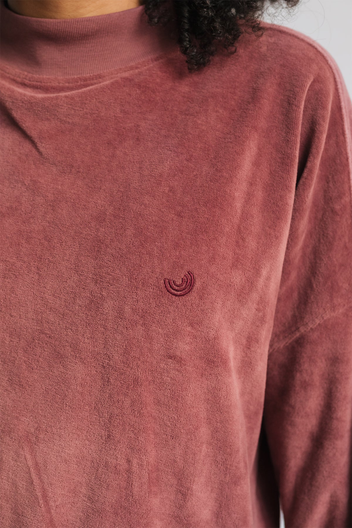 meta-hover, embroidered twothirds logo on soft rose velvet fabric sweatshirt
