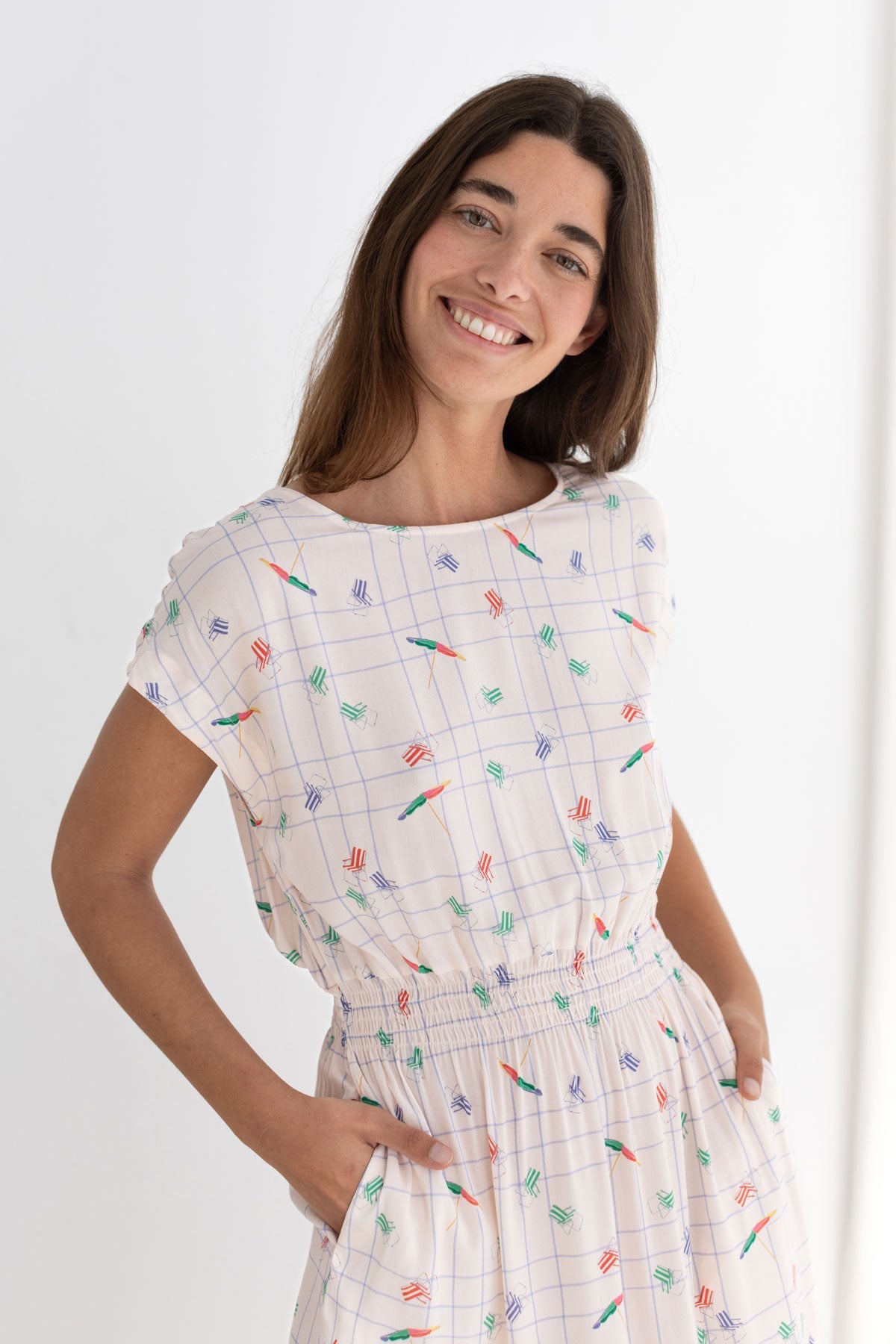 Patterned beige viscose dress women wear view front