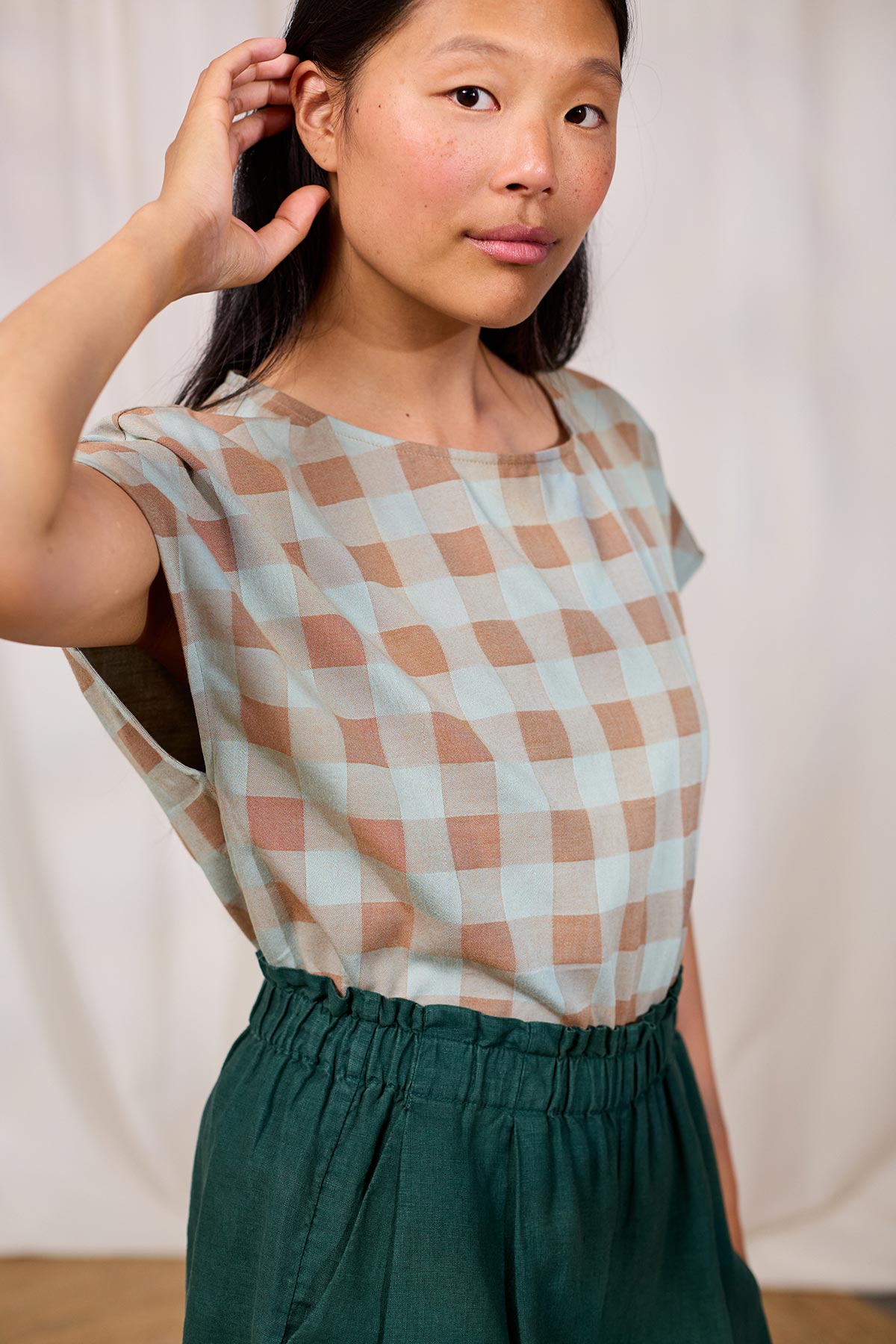 cropped check print blouse