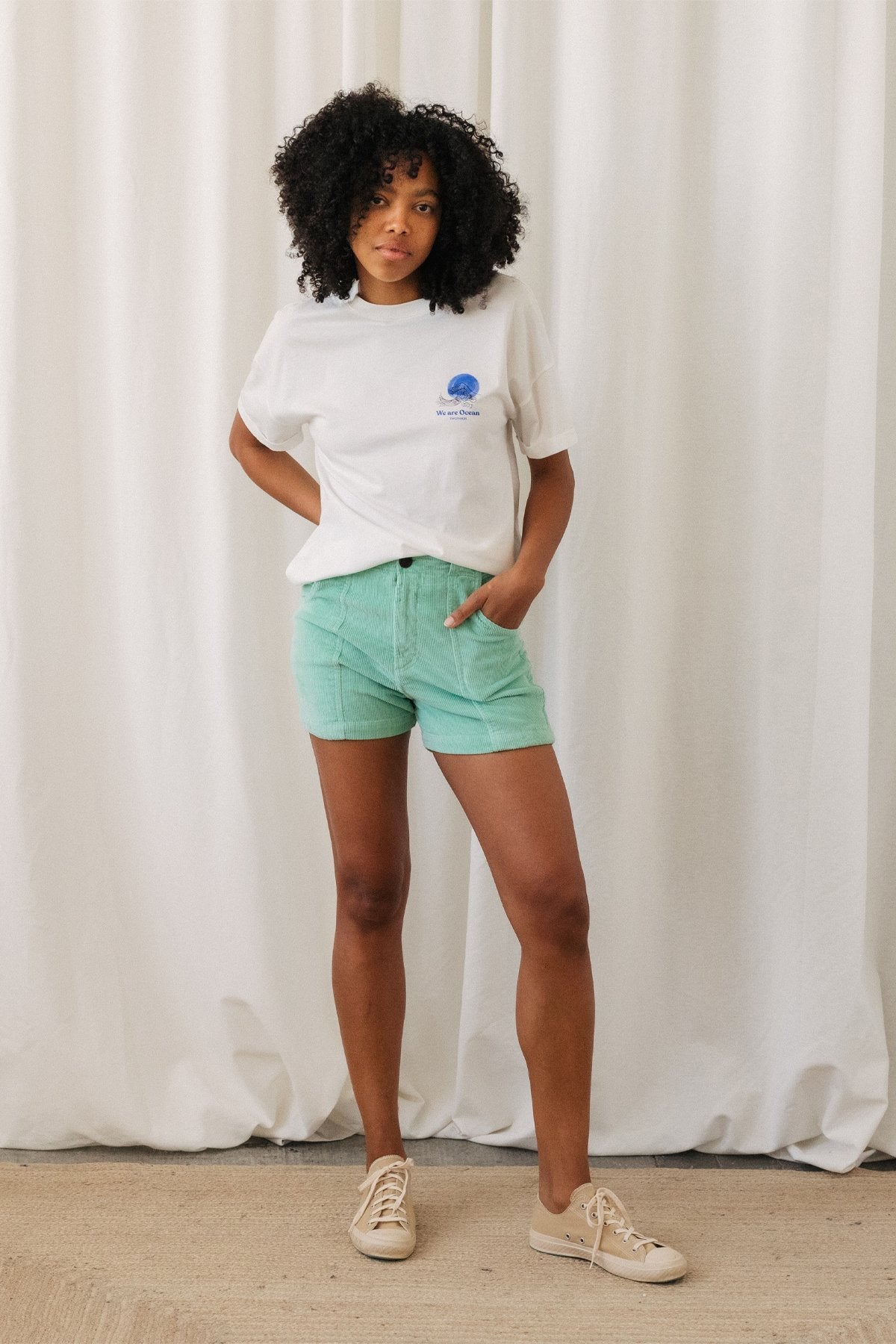 meta-hover, high rise organic cotton mint shorts