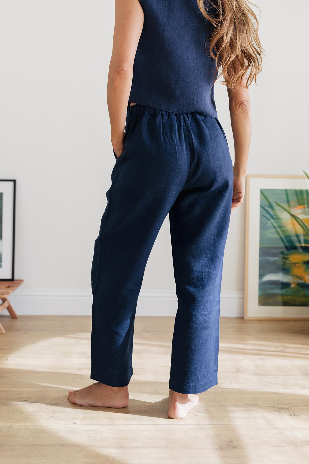 blue breathable, ankle-length linen pants with elastic waistband