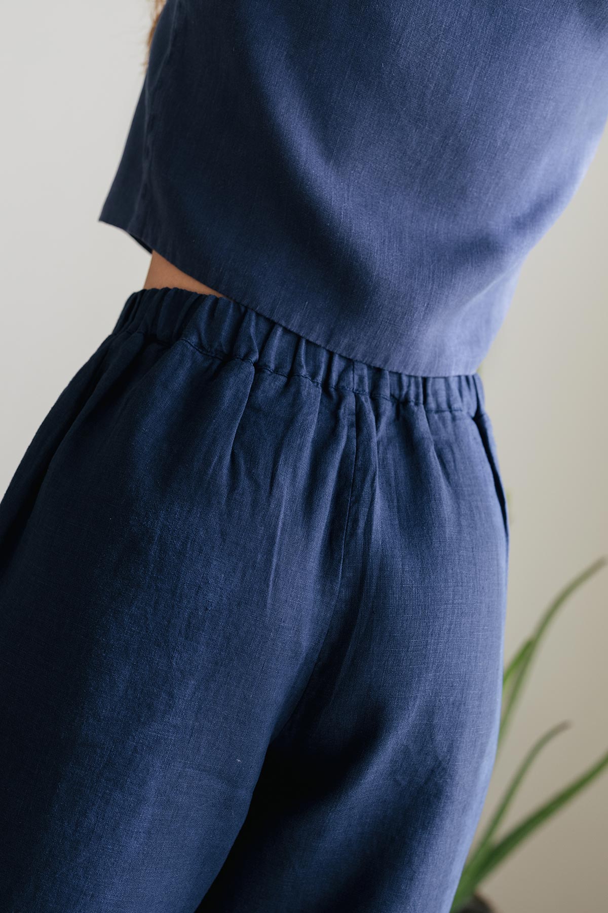soft and cool blue linen pants with back elastic waistband