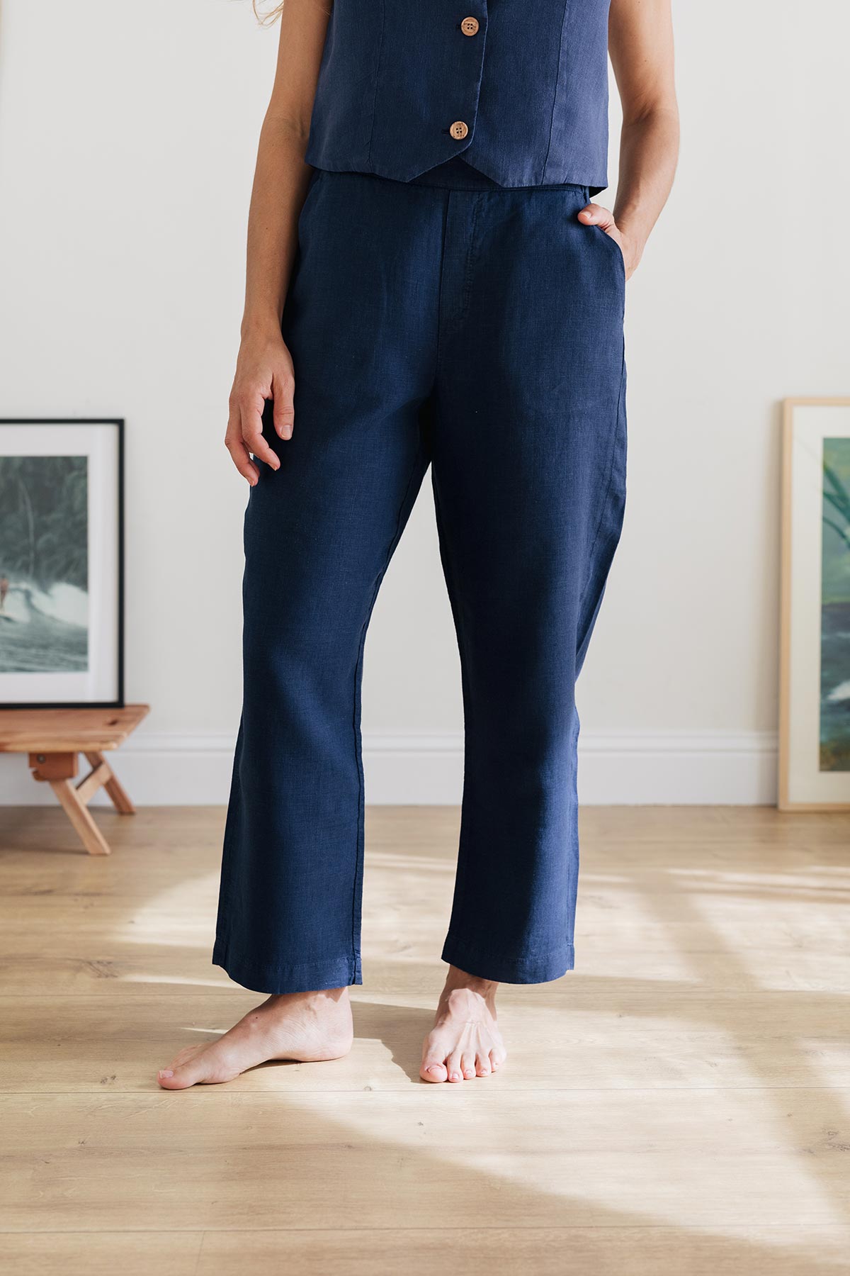 meta-preview, straight leg blue linen pants with side pockets