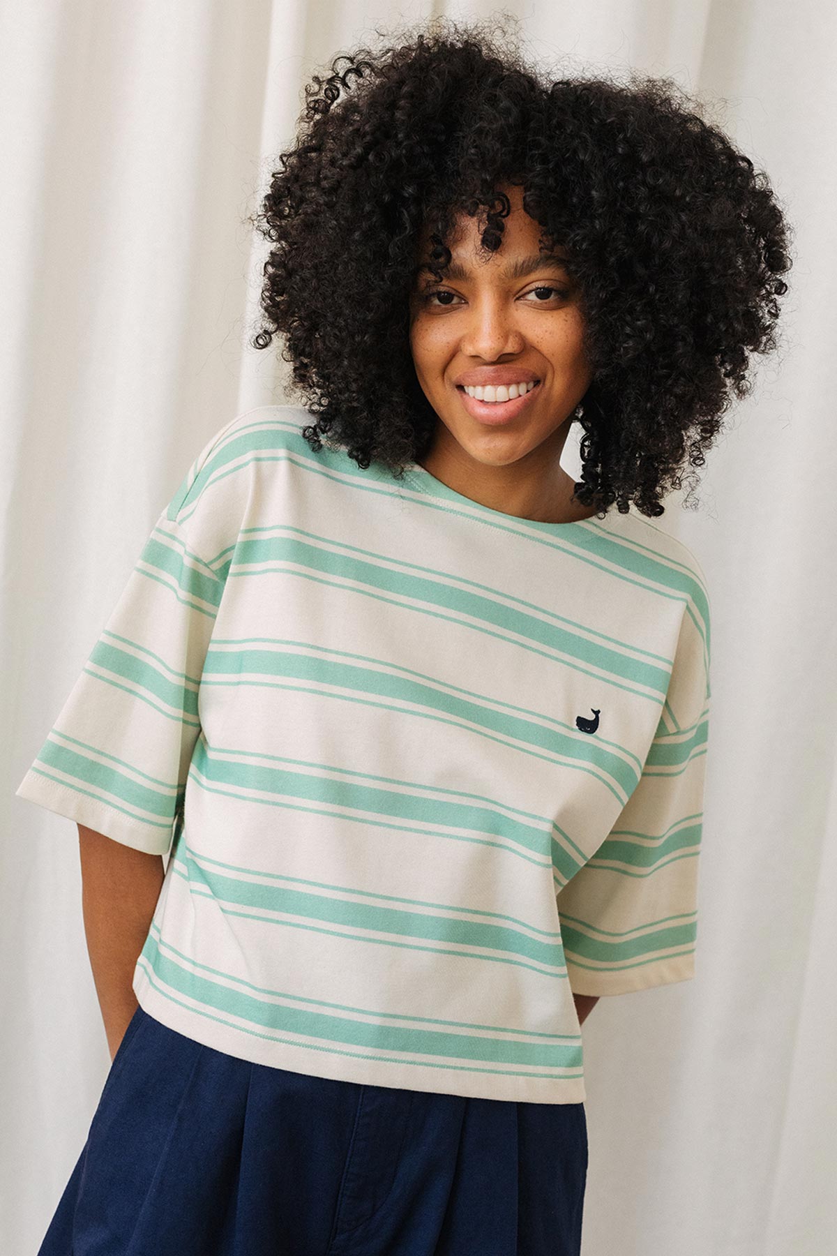 embroidered whale mint striped top