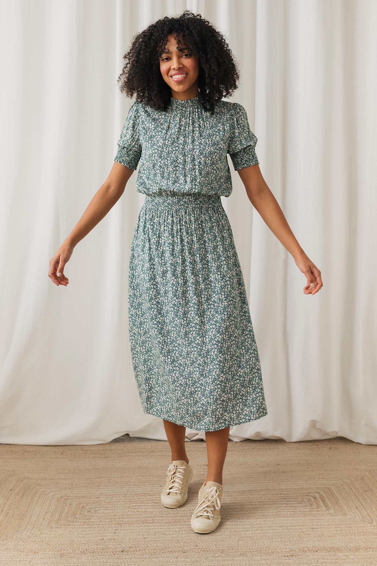 meta-preview, green floral viscose midi dress