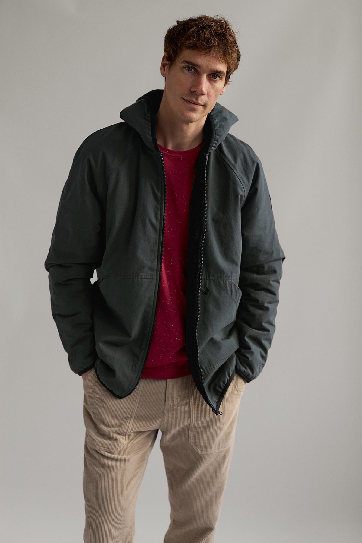 grey organic cotton jacket with sherpa lining