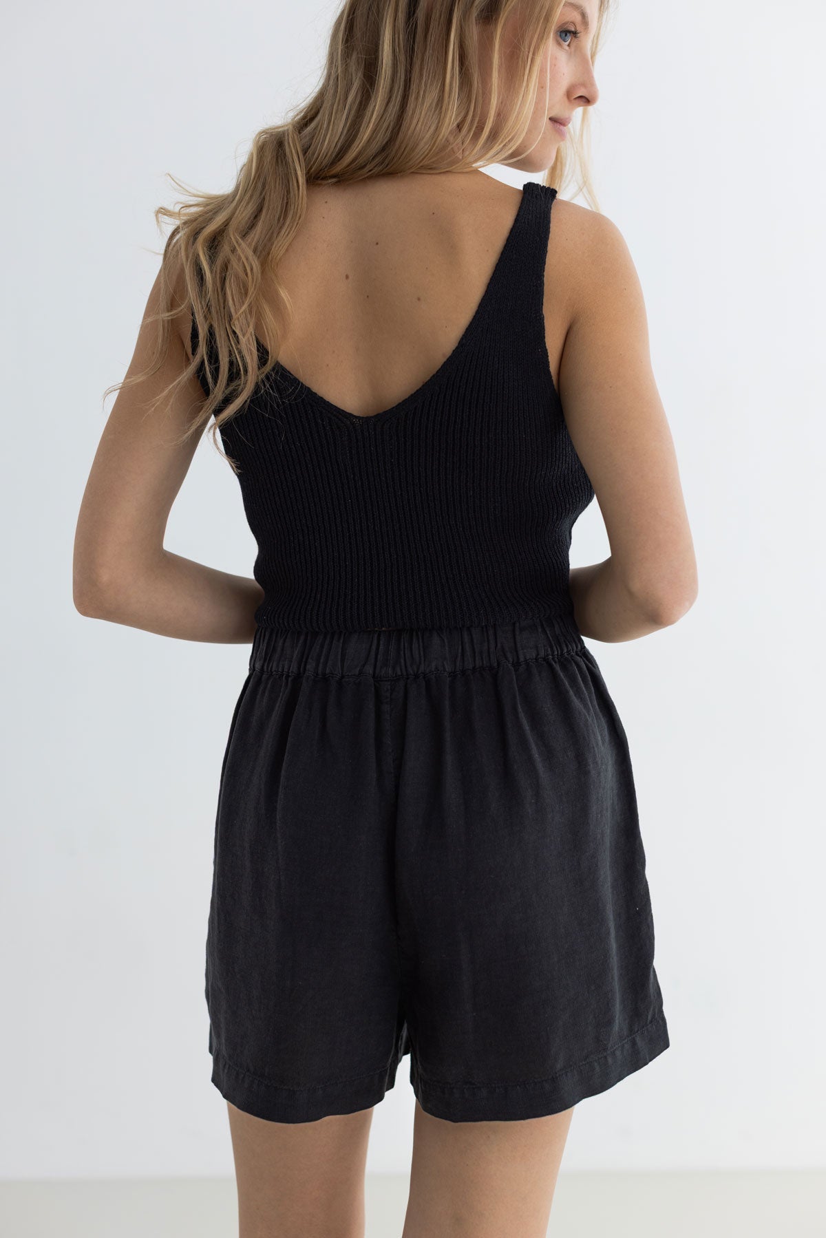 Black linen shorts women black top wear view back