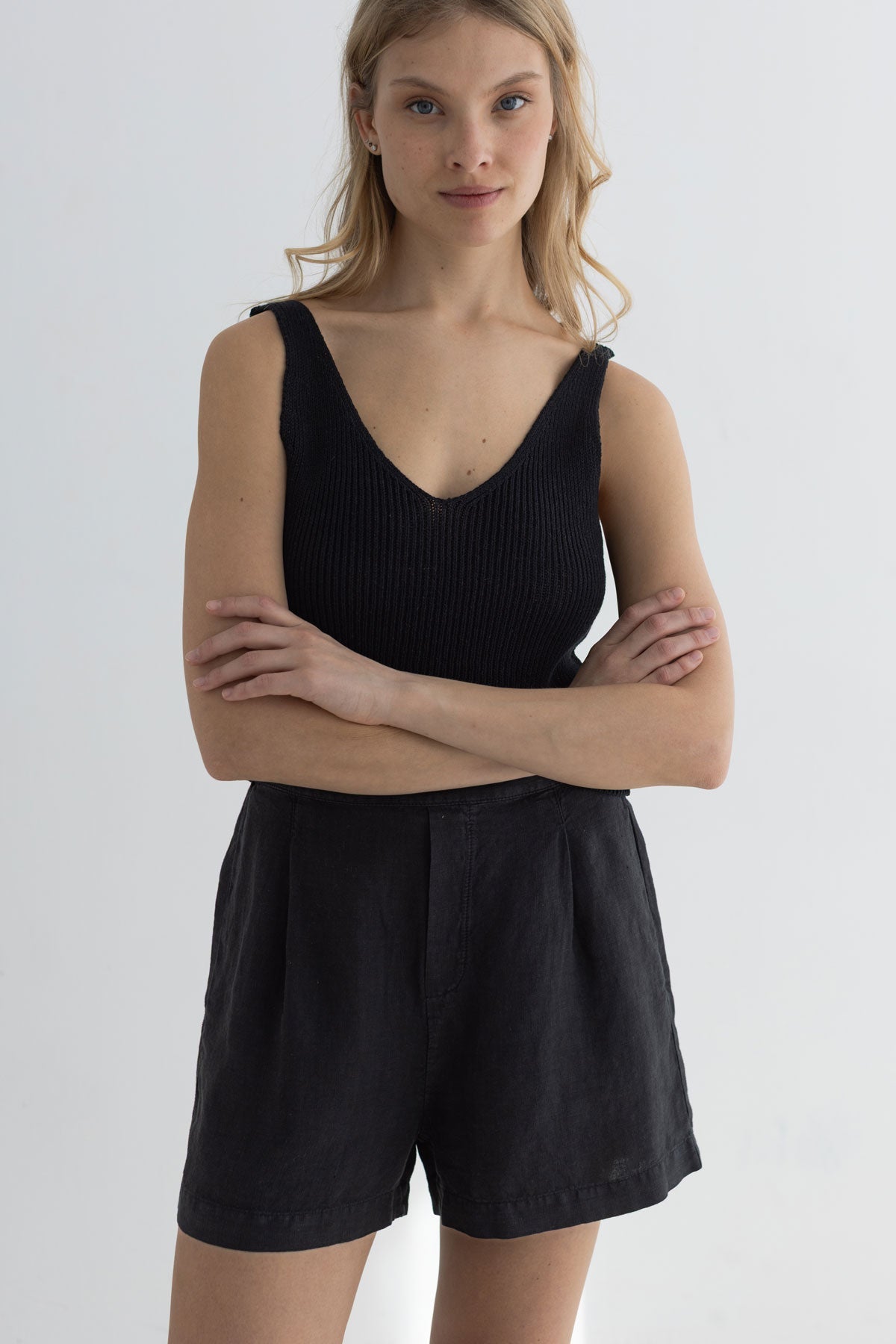 Black linen shorts women black top wear view front