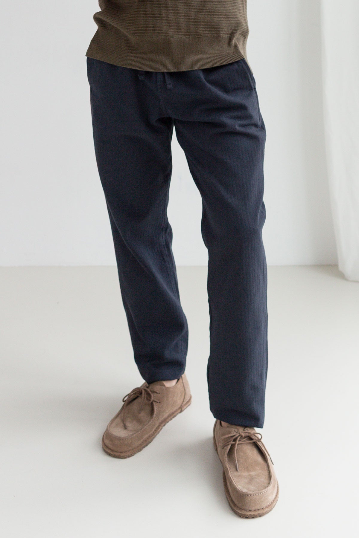 Navy straight leg pants men wear view front