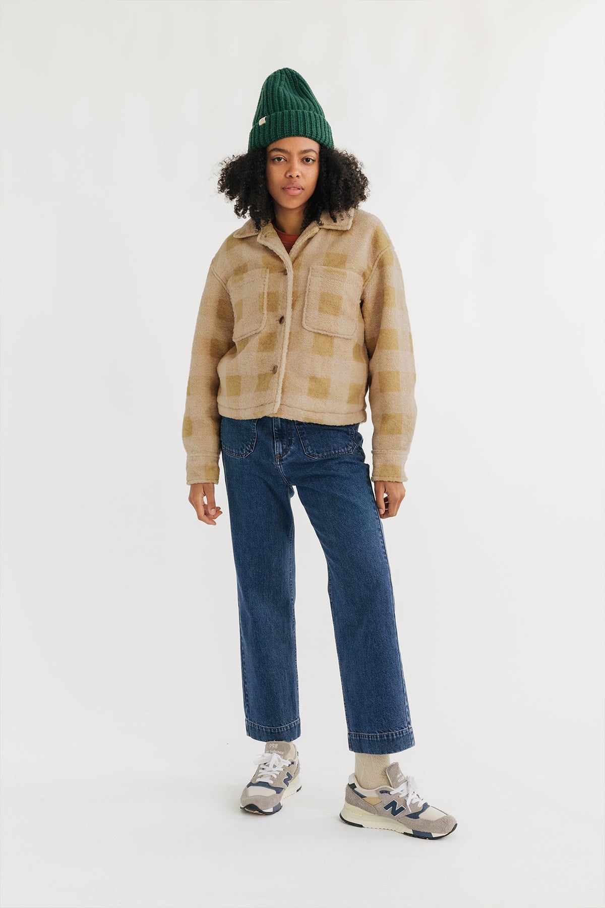 sustainable plaid jacket in mustard tones