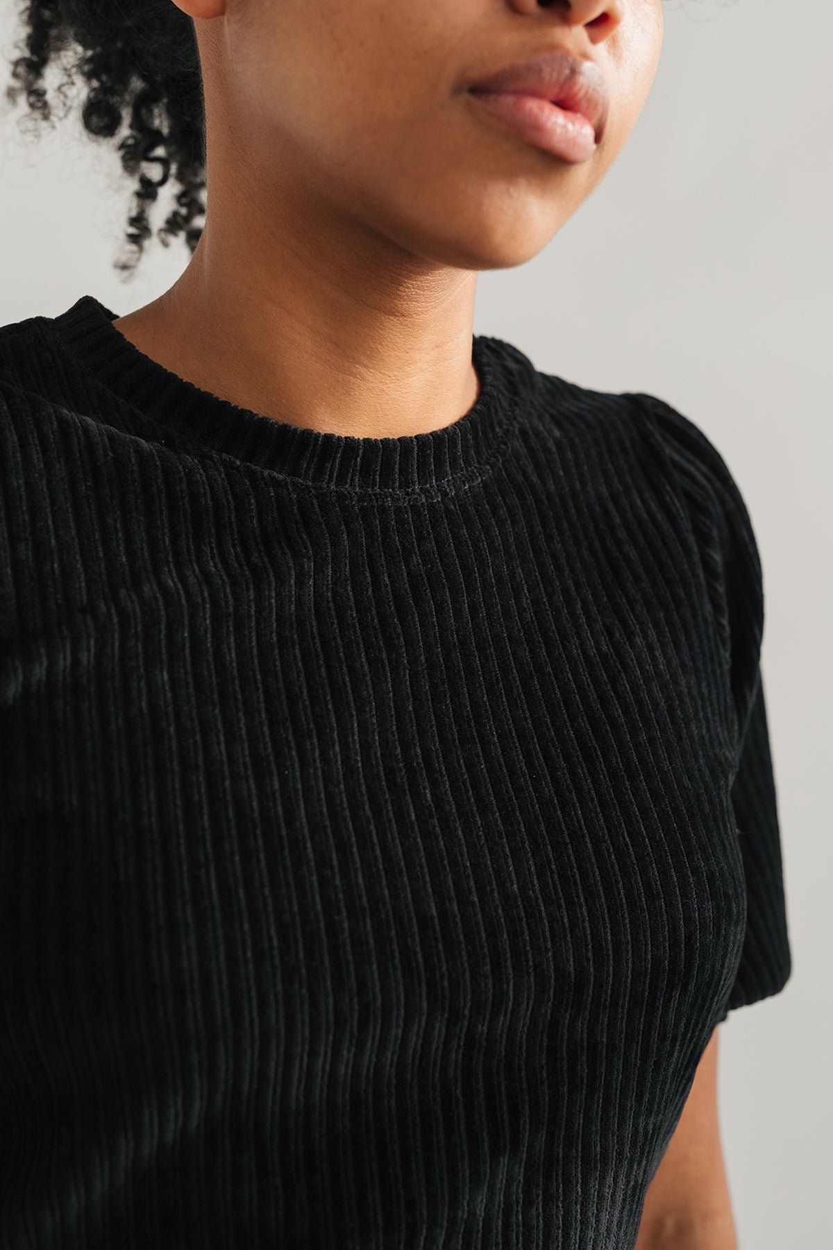 velvet rib texture with organic cotton black top for women