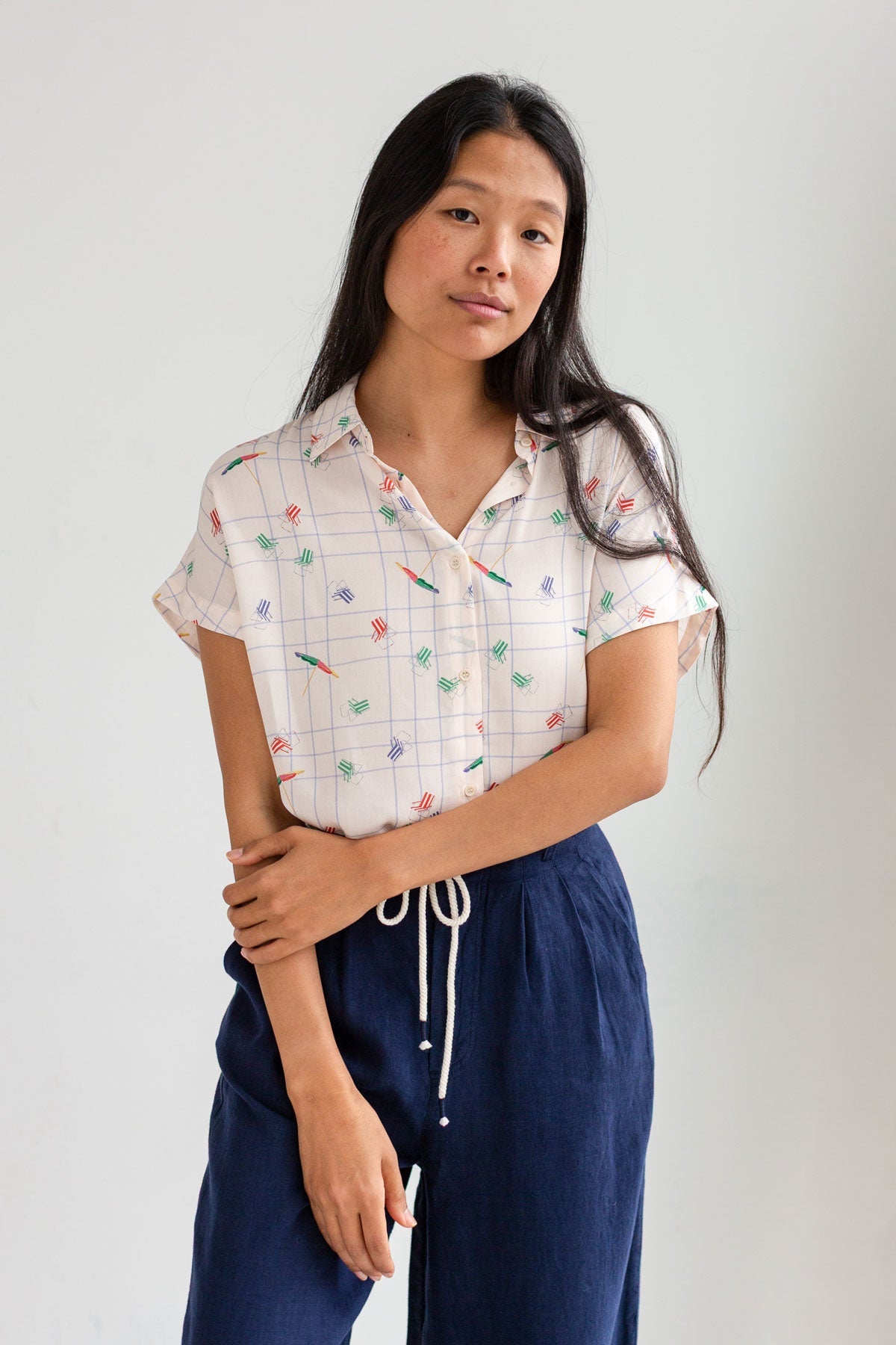 Patterned light weight shirt women navy pants wear view front