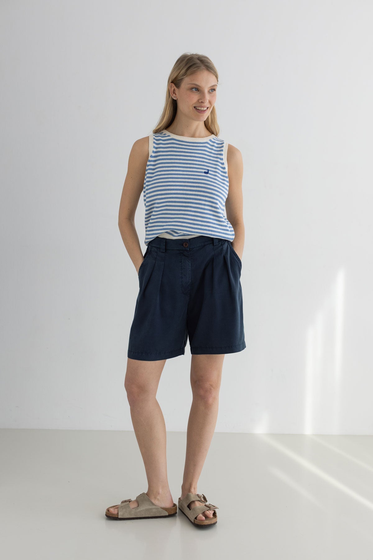 Denim blue stripes knit top women navy shorts full body view front