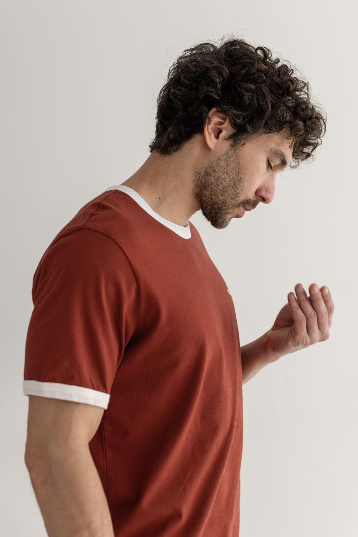 Red ochre tshirt men wear view side