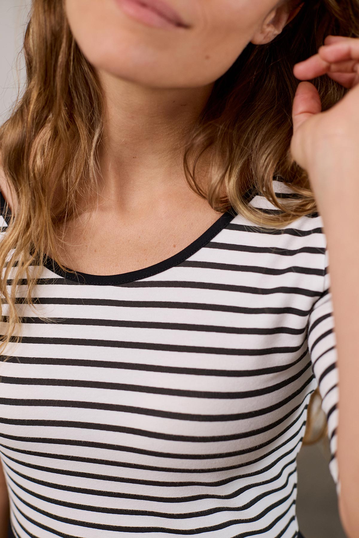striped dress with elbow-length sleeves