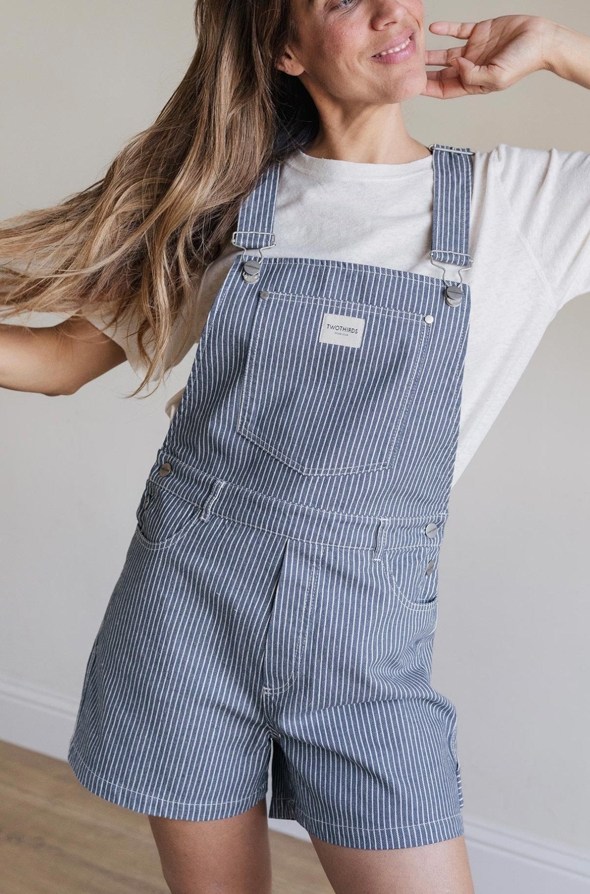 meta-preview, sustainable blue striped overalls