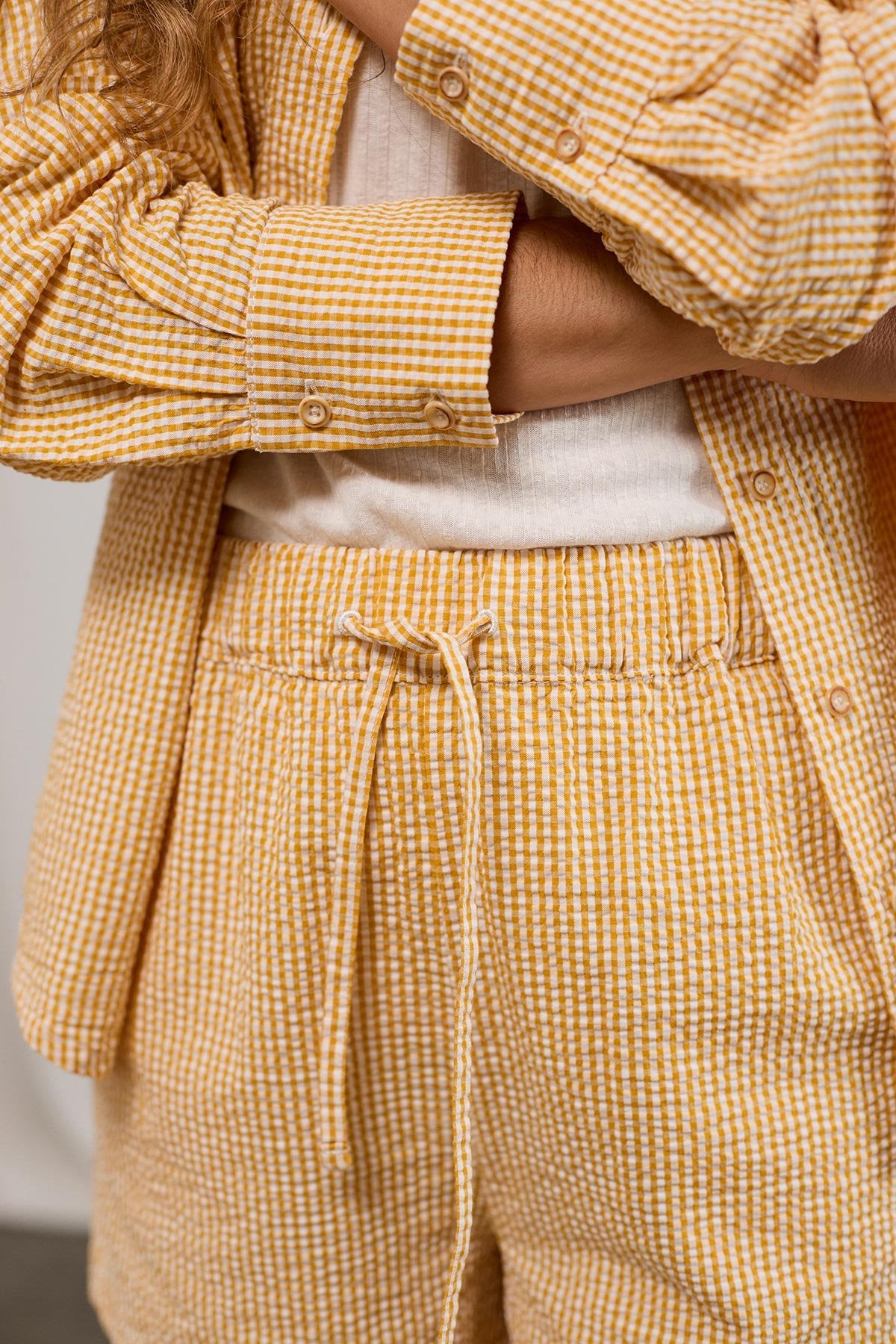 light drawstring shorts, mustard