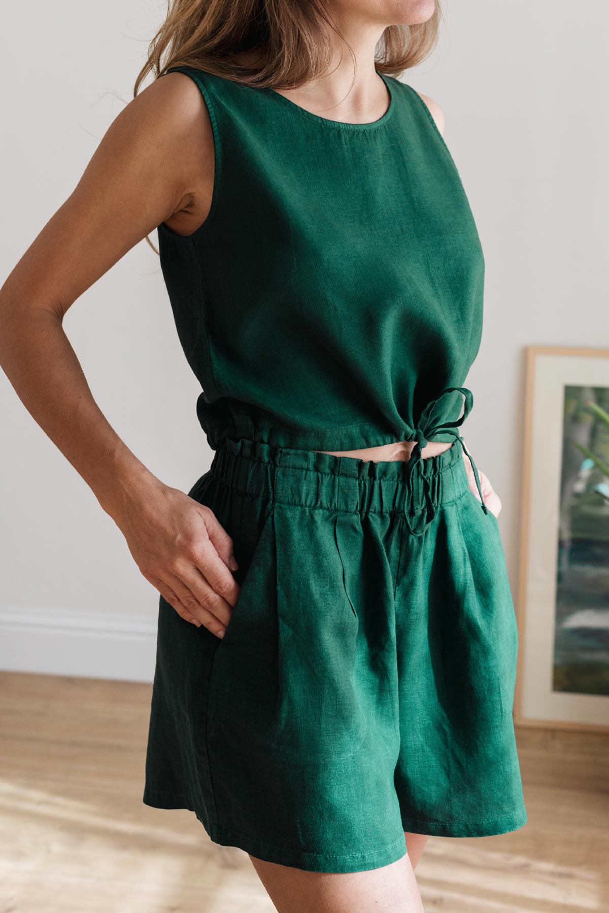 meta-preview, soft green shorts with elastic waist