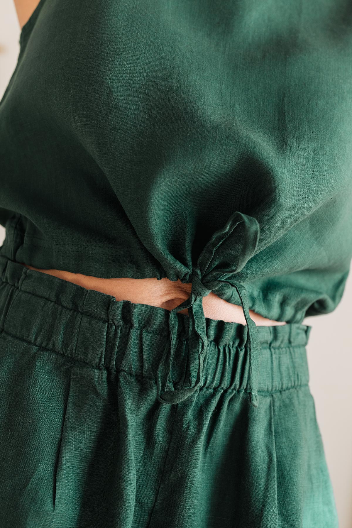 green linen shorts with flexible waistband