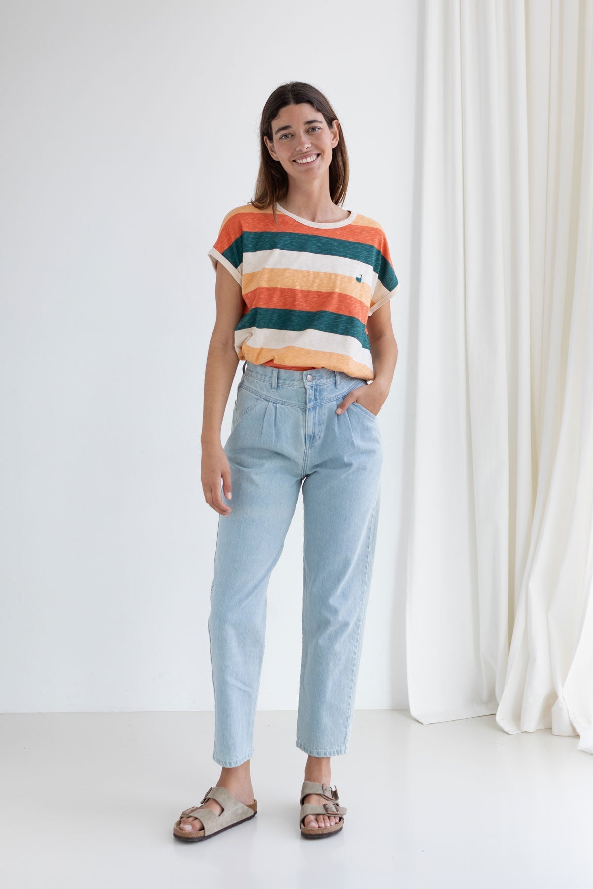 Organic cotton denim pants kiritibati light blue with gortina striped top
