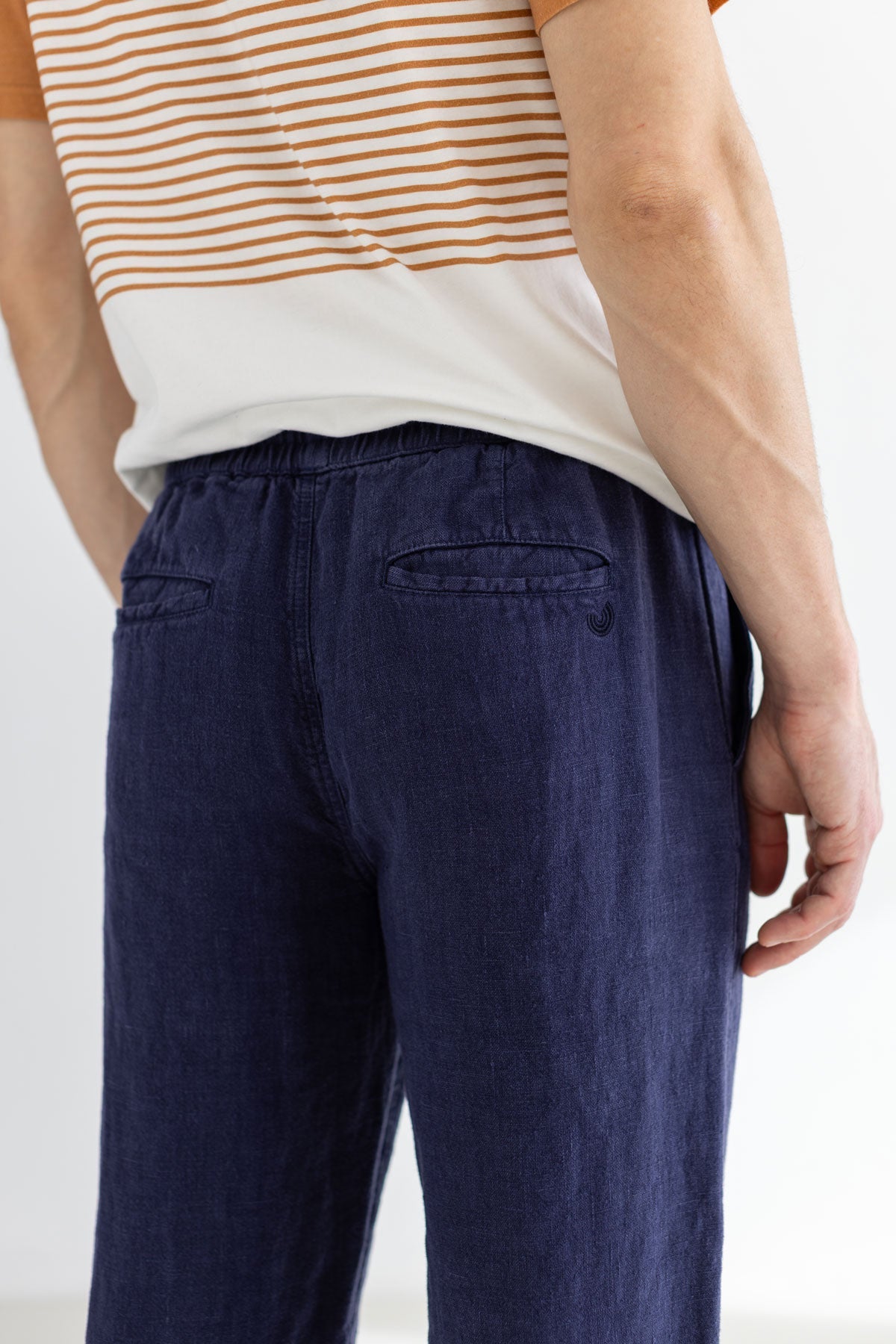 Navy blue heavy linen pants men striped tshirt detail back