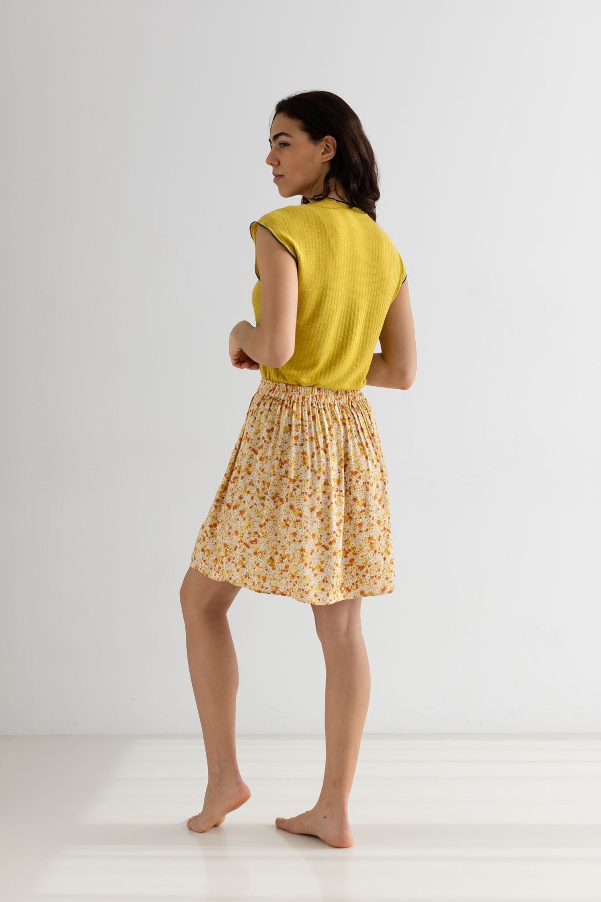 Golden green ribbed tshirt women floral shirt full body view back