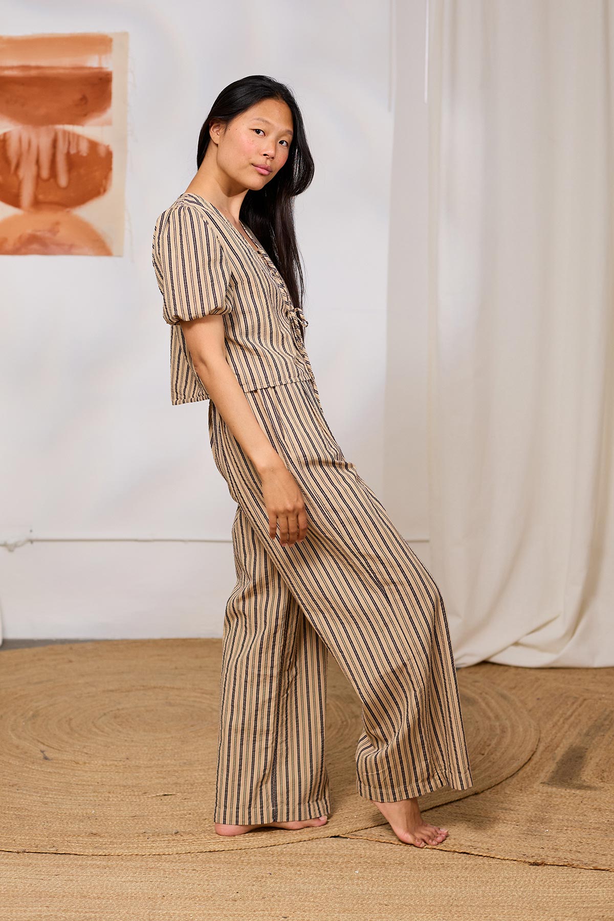 meta-preview, loose fit organic cotton pants with ruffled stripes