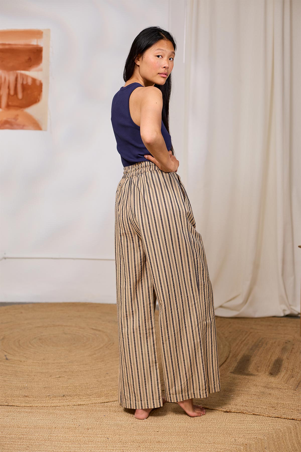 navy striped pants perfect for beach days