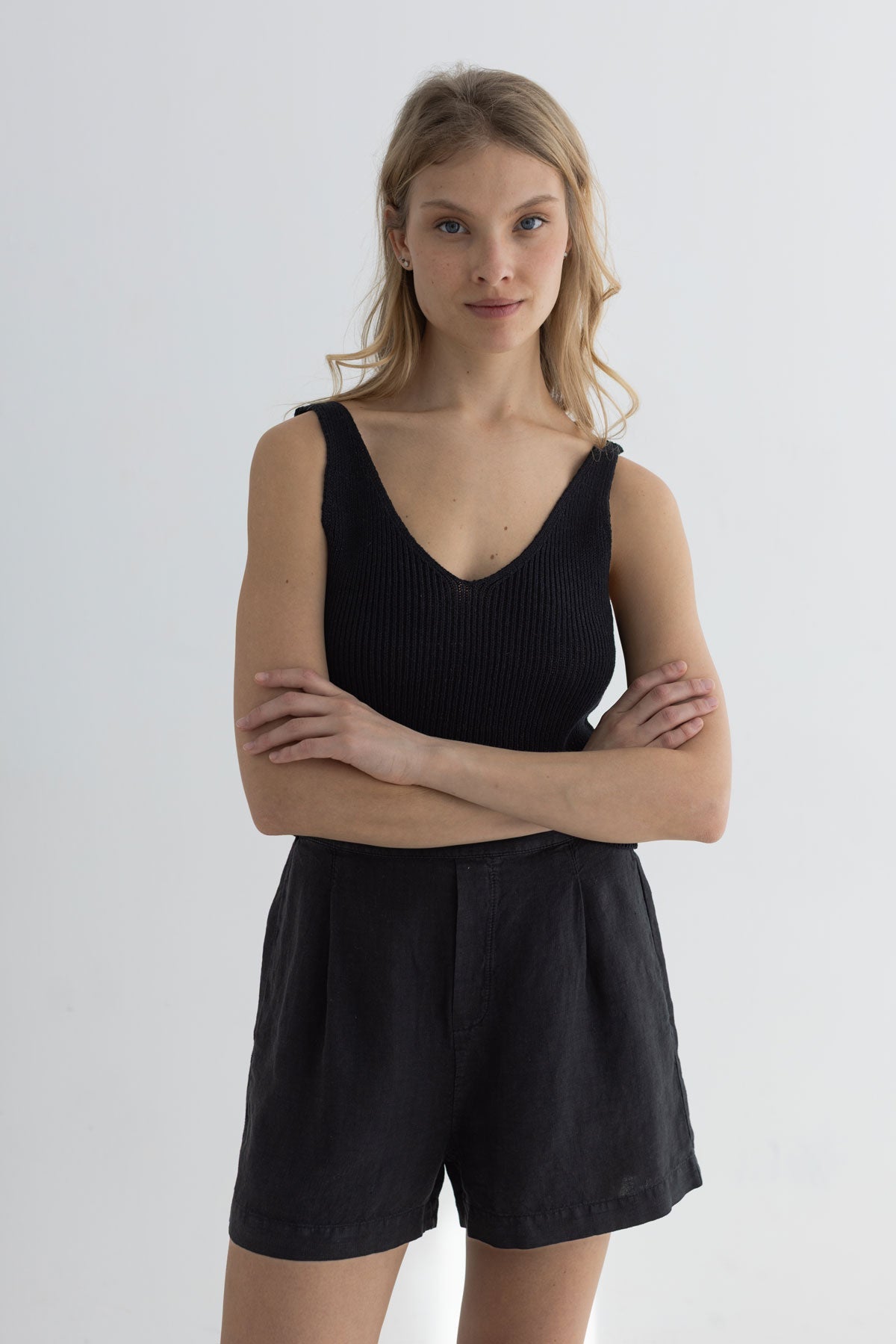 Black knit crop top women black shorts wear view front