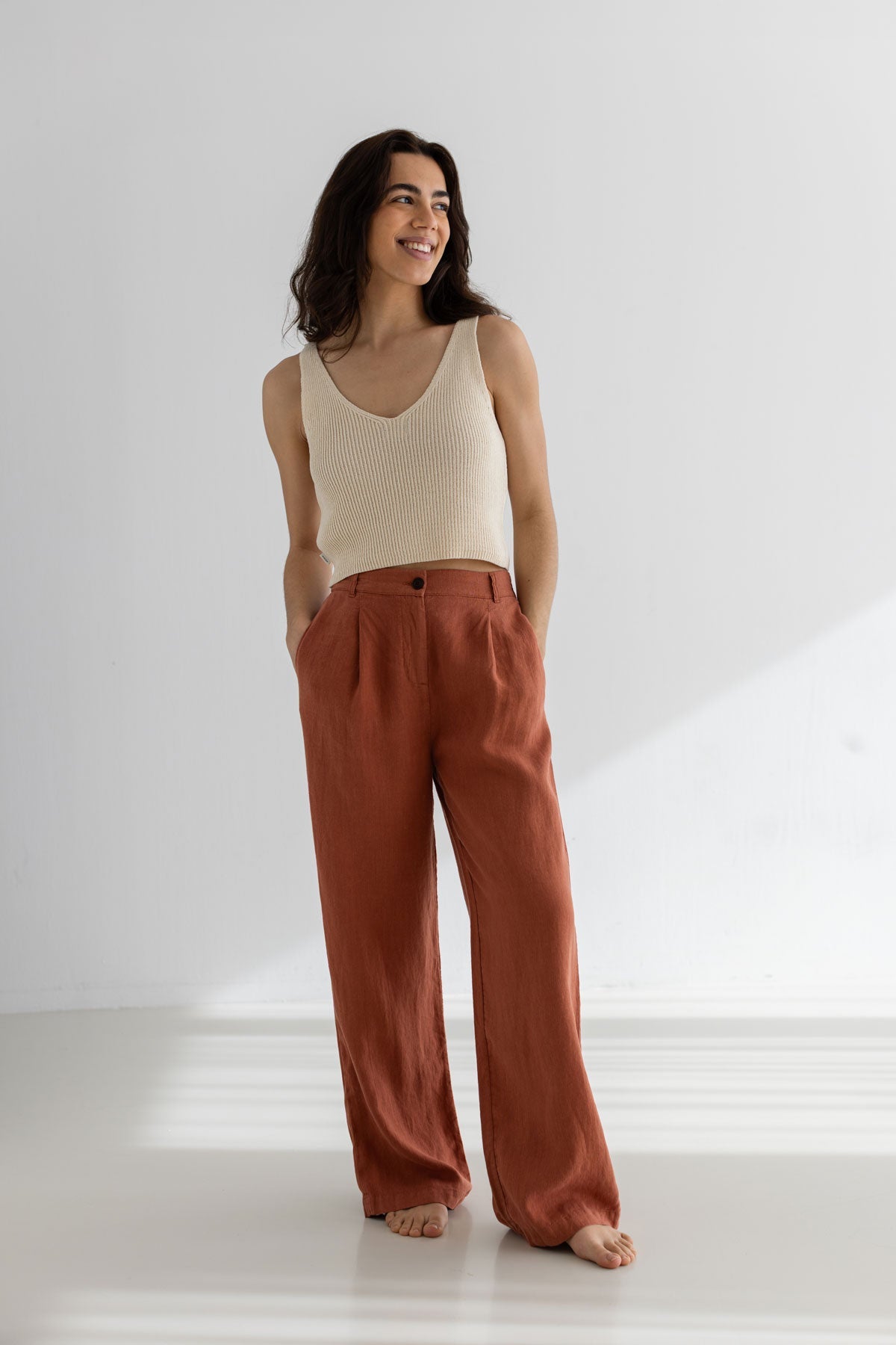 Ecru knit crop top women full body view front