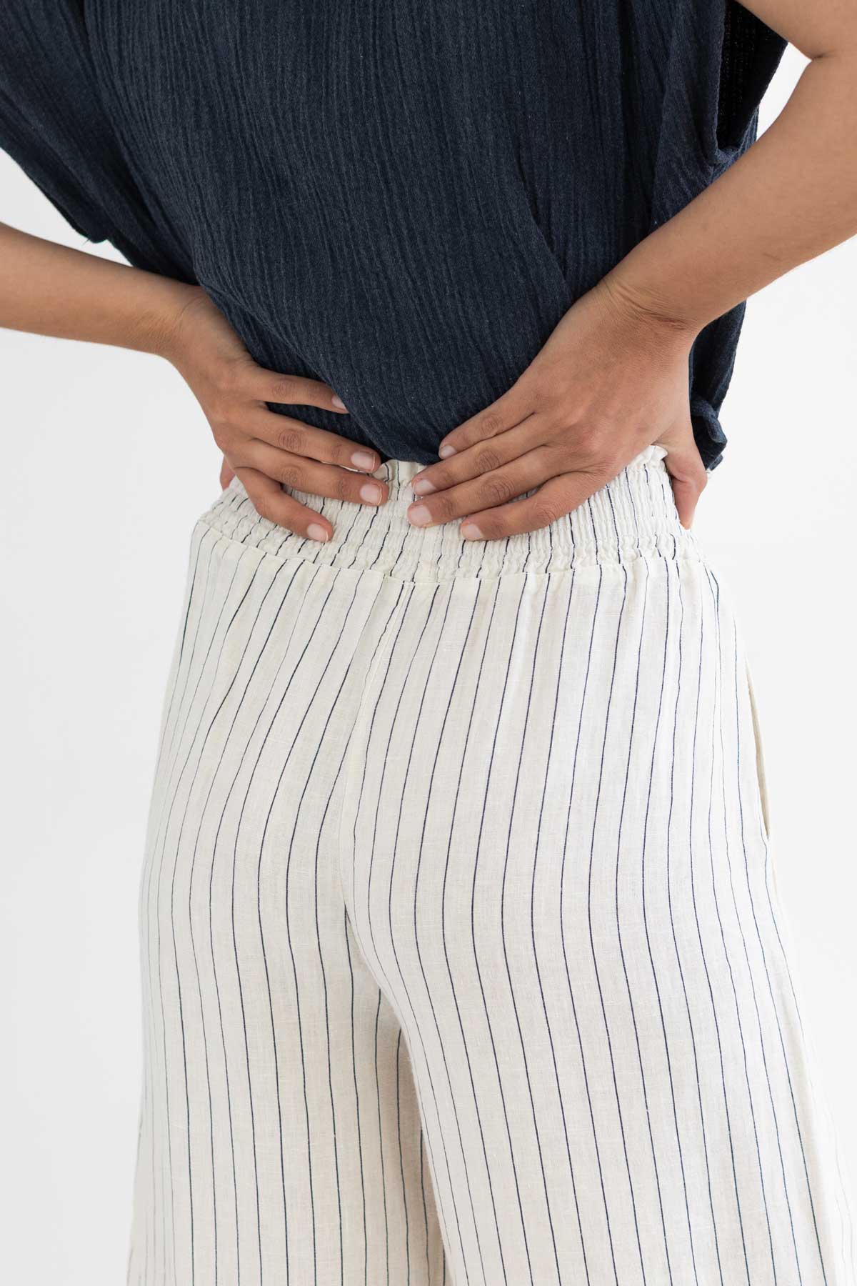 Striped linen pants women wear view back