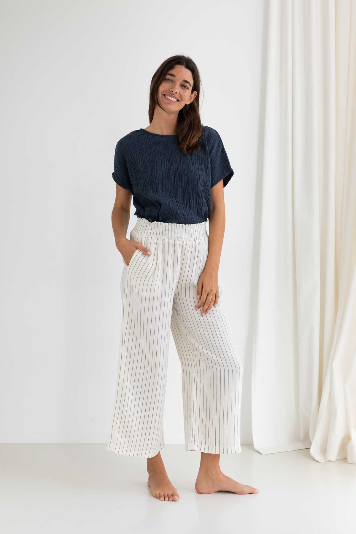Striped linen pants women full body view