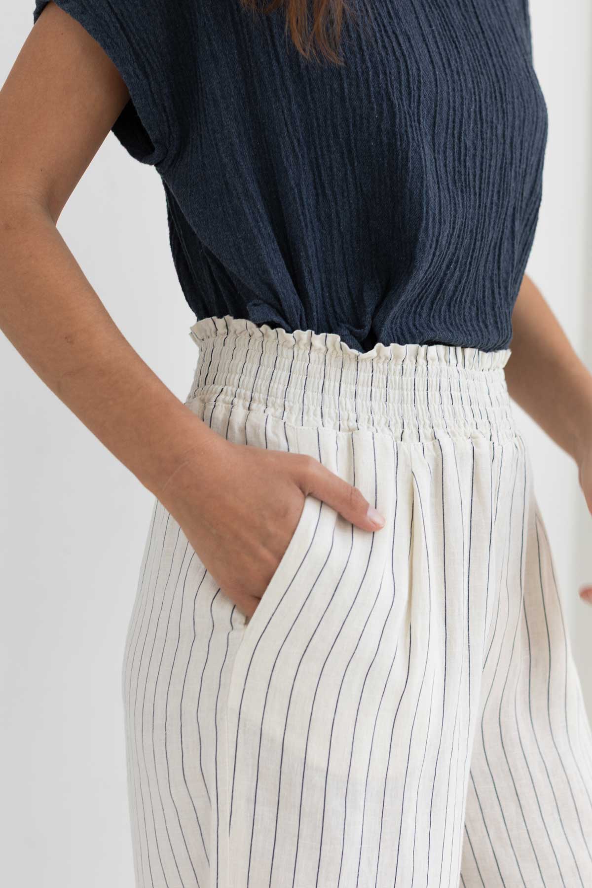 Striped linen pants women detail