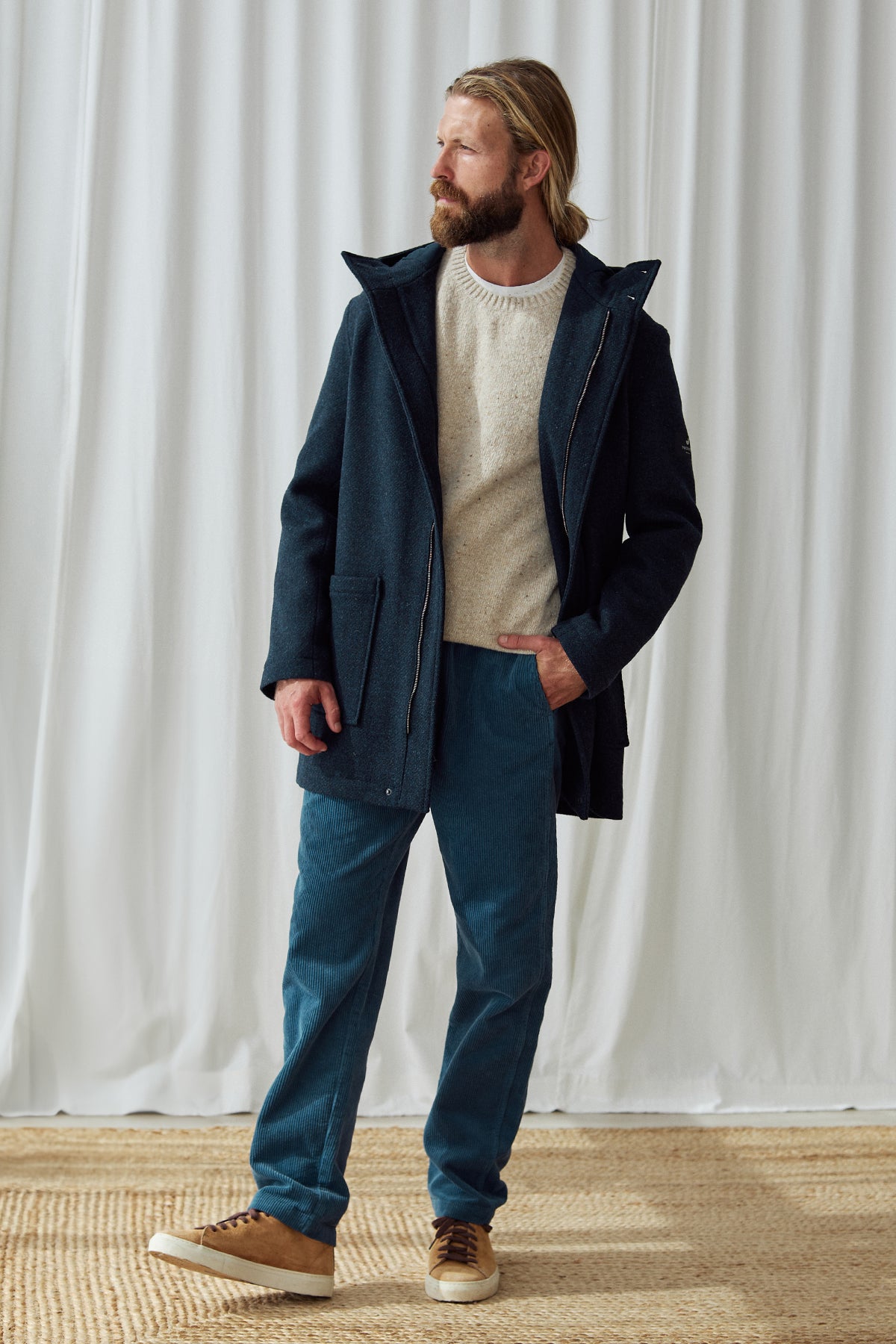 sustainable navy wool jacket for men