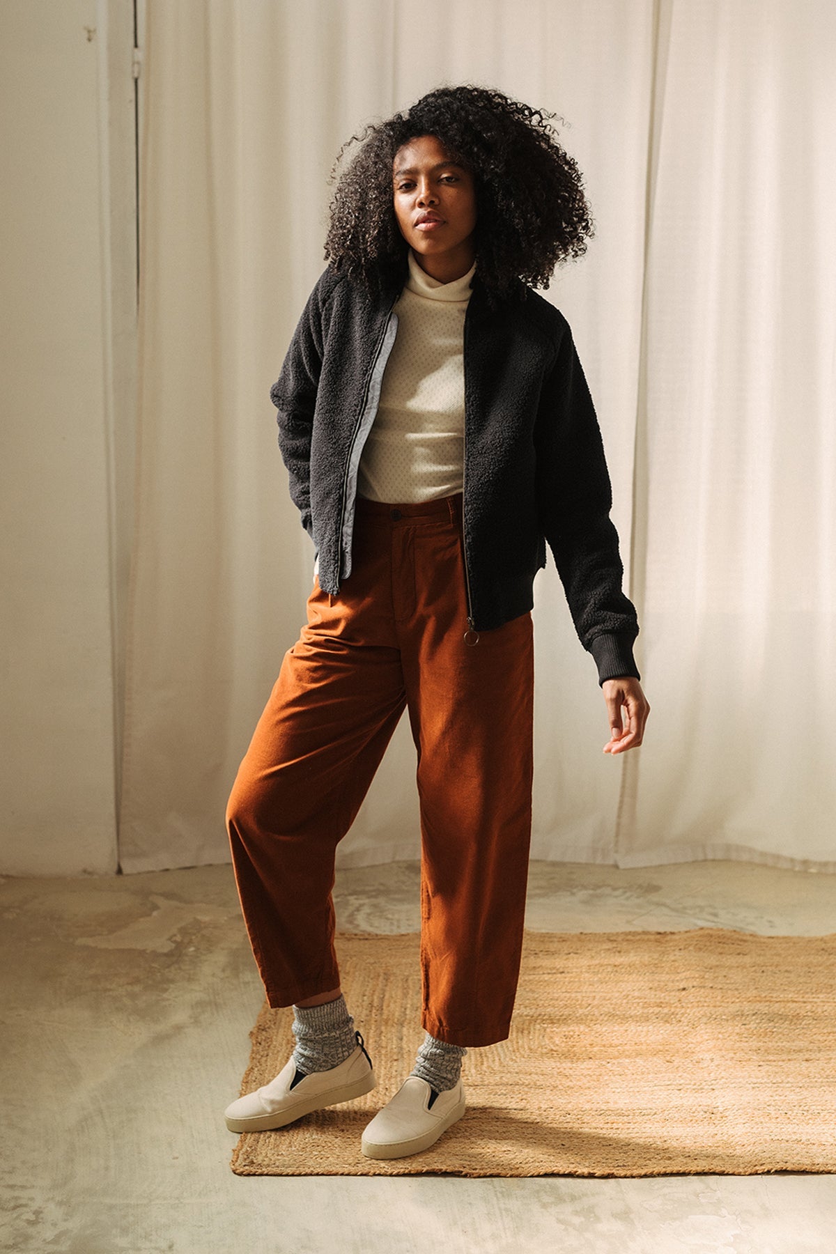 meta-hover, black sherpa fleece bomber jacket