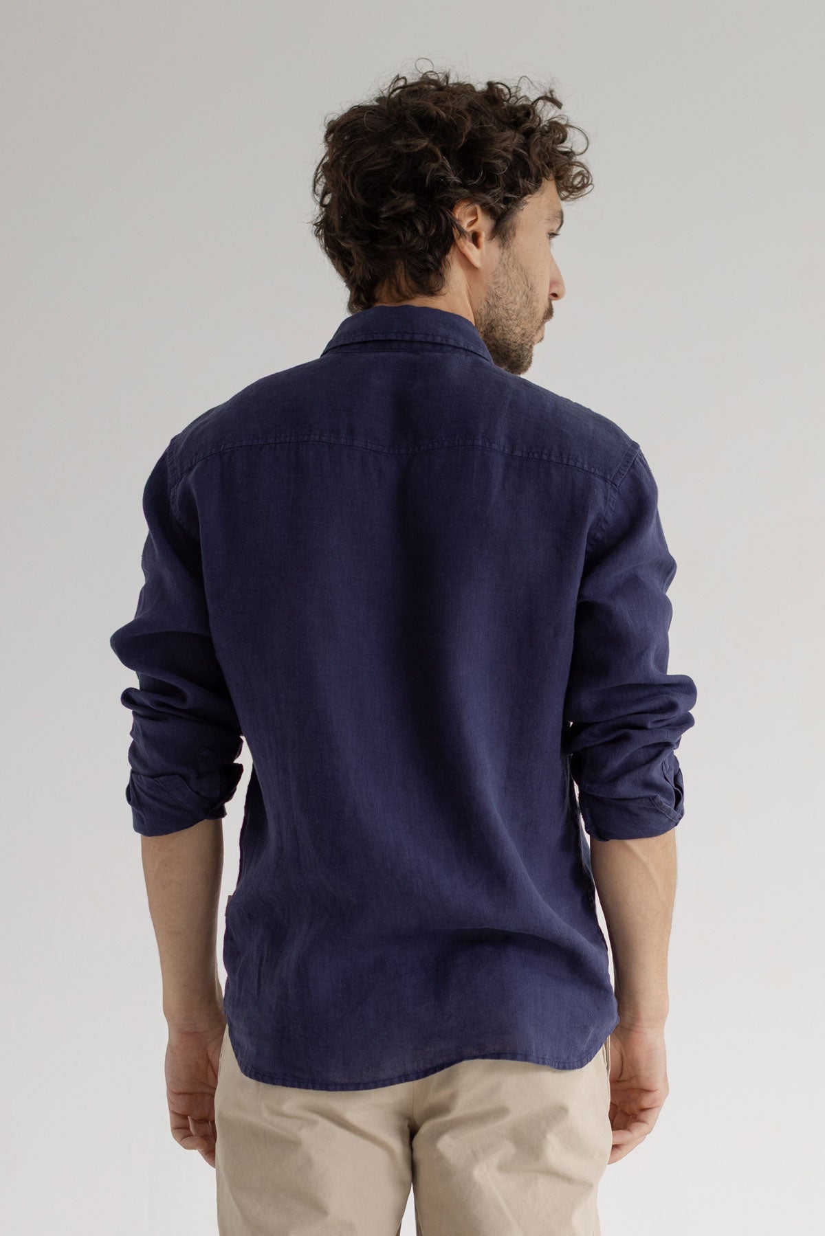 Navy blue linen shirt men light pants wear view back