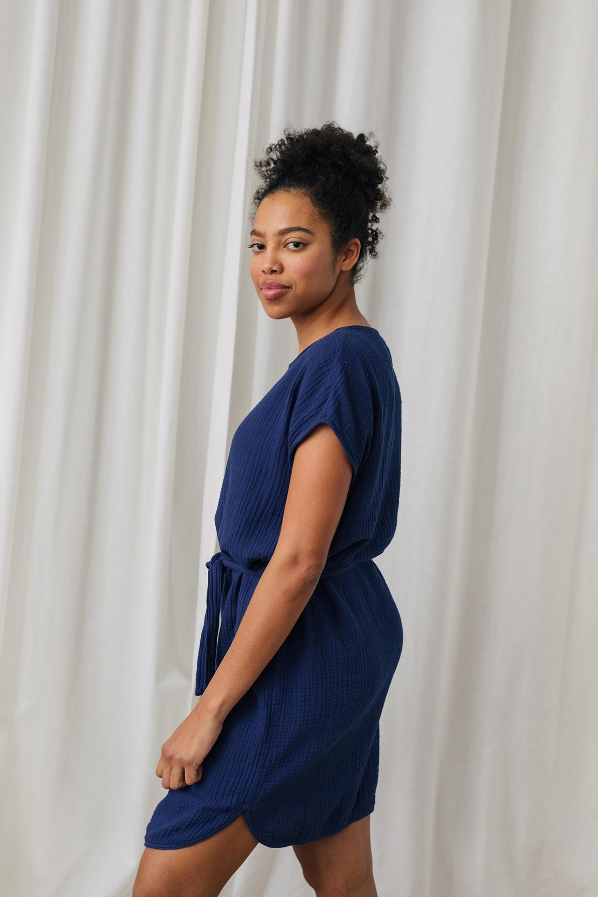 above-the-knee blue dress made from organic cotton