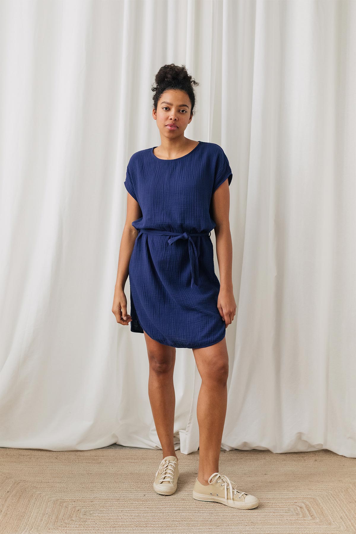 blue sustainable dress with fabric belt