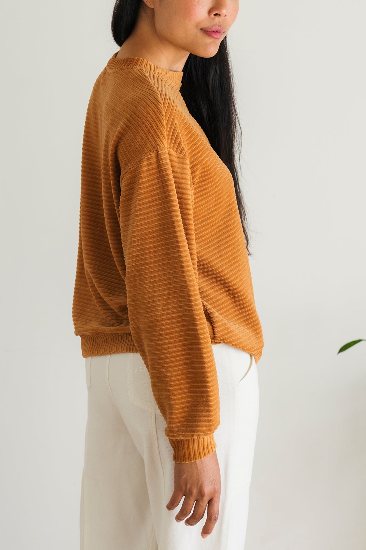 soft velvet fabric and rib structure mustard sweatshirt