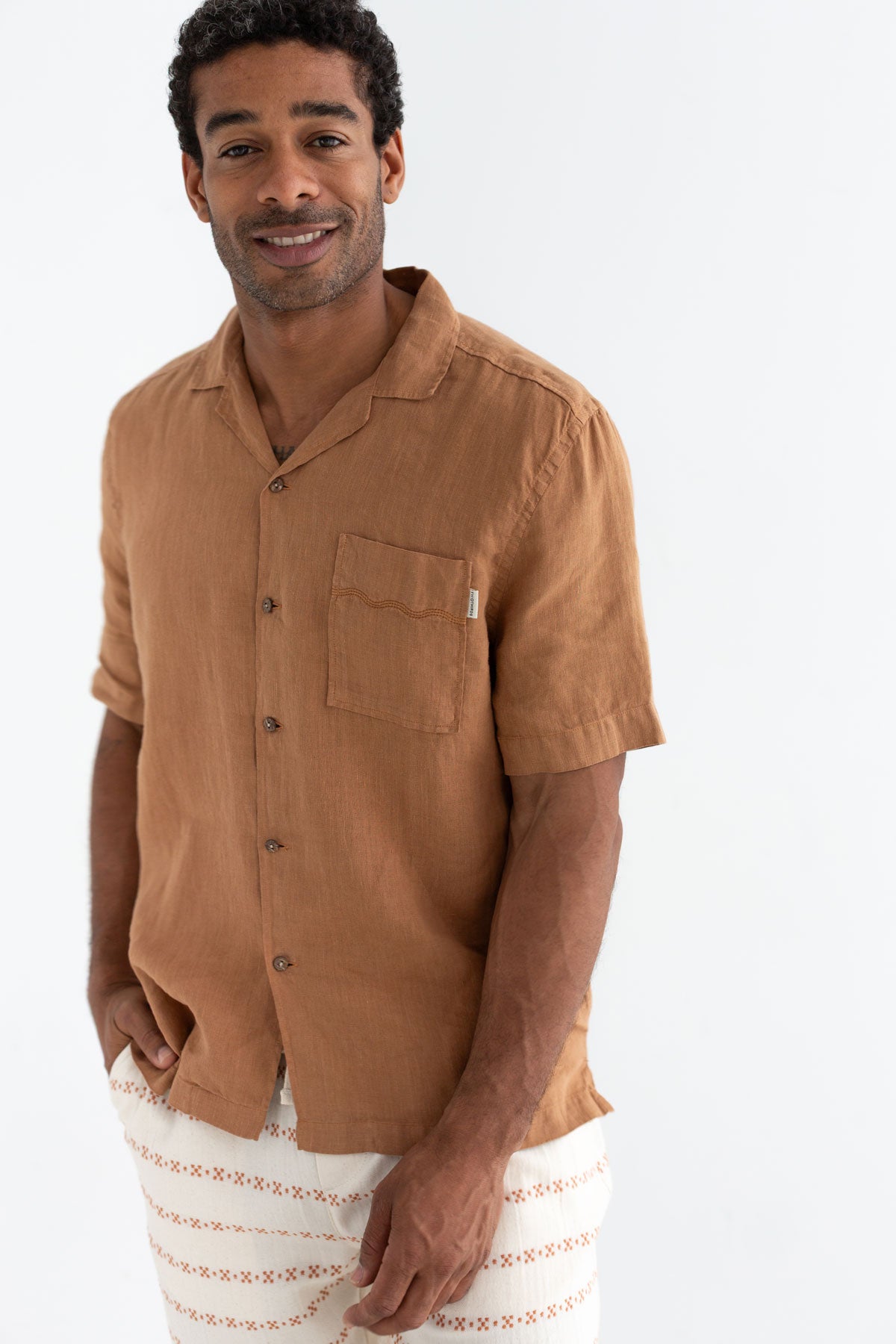 Adobe Guayabera shirt men light pants wear view front