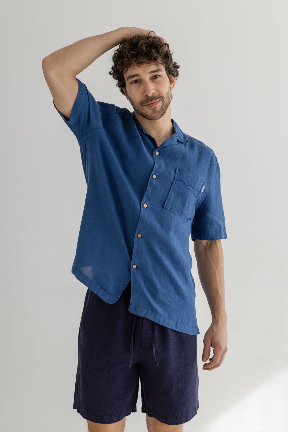 blue linen shirt men navy shorts wear view front
